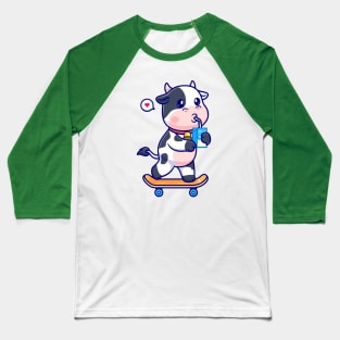 Cute Cow Drinking Milk On Skateboard Cartoon Baseball T-Shirt